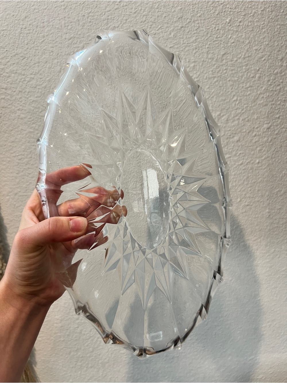 Vintage Heavy Cut Crystal Oval Serving Bowl 12" Starburst Center Swirl Scallop